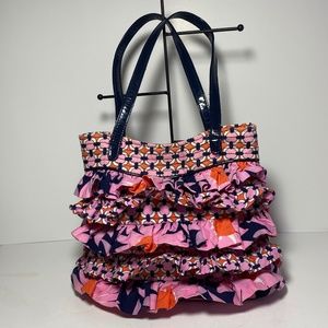 Vera Bradley Medium Tote "Loves Me" Navy Pink Floral Ruffles Good Used Condition
